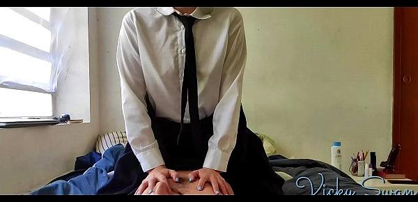  18yr old cousin fucks me before school in uniform reaching shaking orgasm